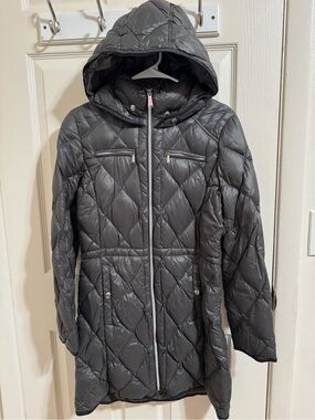 Michael Kors Quilted Hooded Long Puffer Coat - Dark Gray